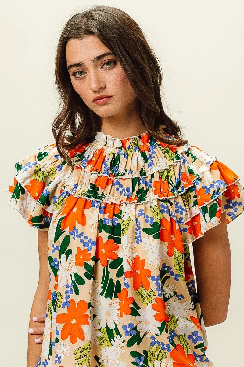 BiBi Cream & Multi Color Floral Print Woven Ruffle Sleeve Blouse