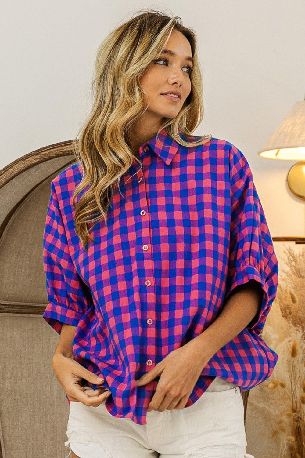 BiBi Navy & Pink Plaid Button Up Dolman Sleeve Shirt Trendsi