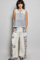 POL Off White Printed Woven Lace Back Round Neck Sleeveless Top