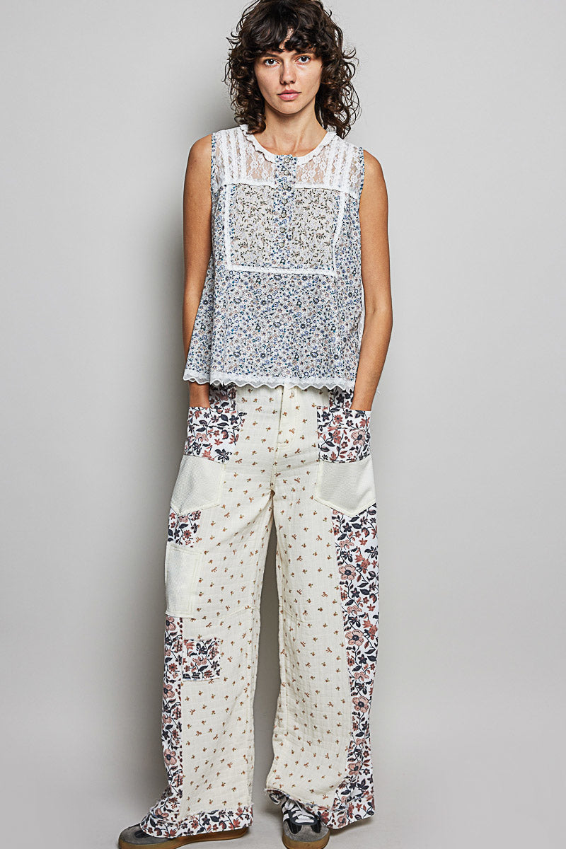 POL Off White Printed Woven Lace Back Round Neck Sleeveless Top