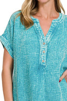 Zenana Light Teal Washed Double Gauze 3/4 Button Henley Neck Shirt