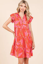 Mittoshop Coral Leaf Print Ruffle Sleeve Tiered Mini Dress
