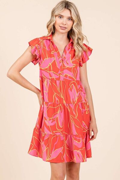 Mittoshop Coral Leaf Print Ruffle Sleeve Tiered Mini Dress