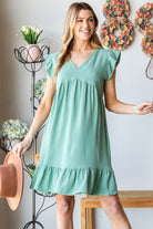 Heimish Dusty Sage Short Sleeve V Neck Ruffled Hem Dress Dusty Sage Trendsi