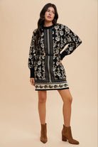 Annie Wear Floral Jacquard Round Neck Sweater Dress in Black Dresses