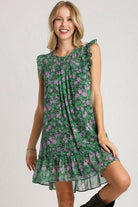 Umgee Dark Green Smocked Detail Floral Metallic Ruffle Cap Sleeve Dress