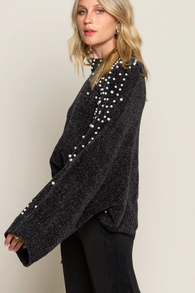POL Black Oversized Pearl Embellished Sweater