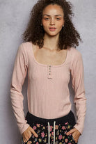 POL Powder Pink Square Neck Cropped Knit Top with Curved Hem POWDER PINK