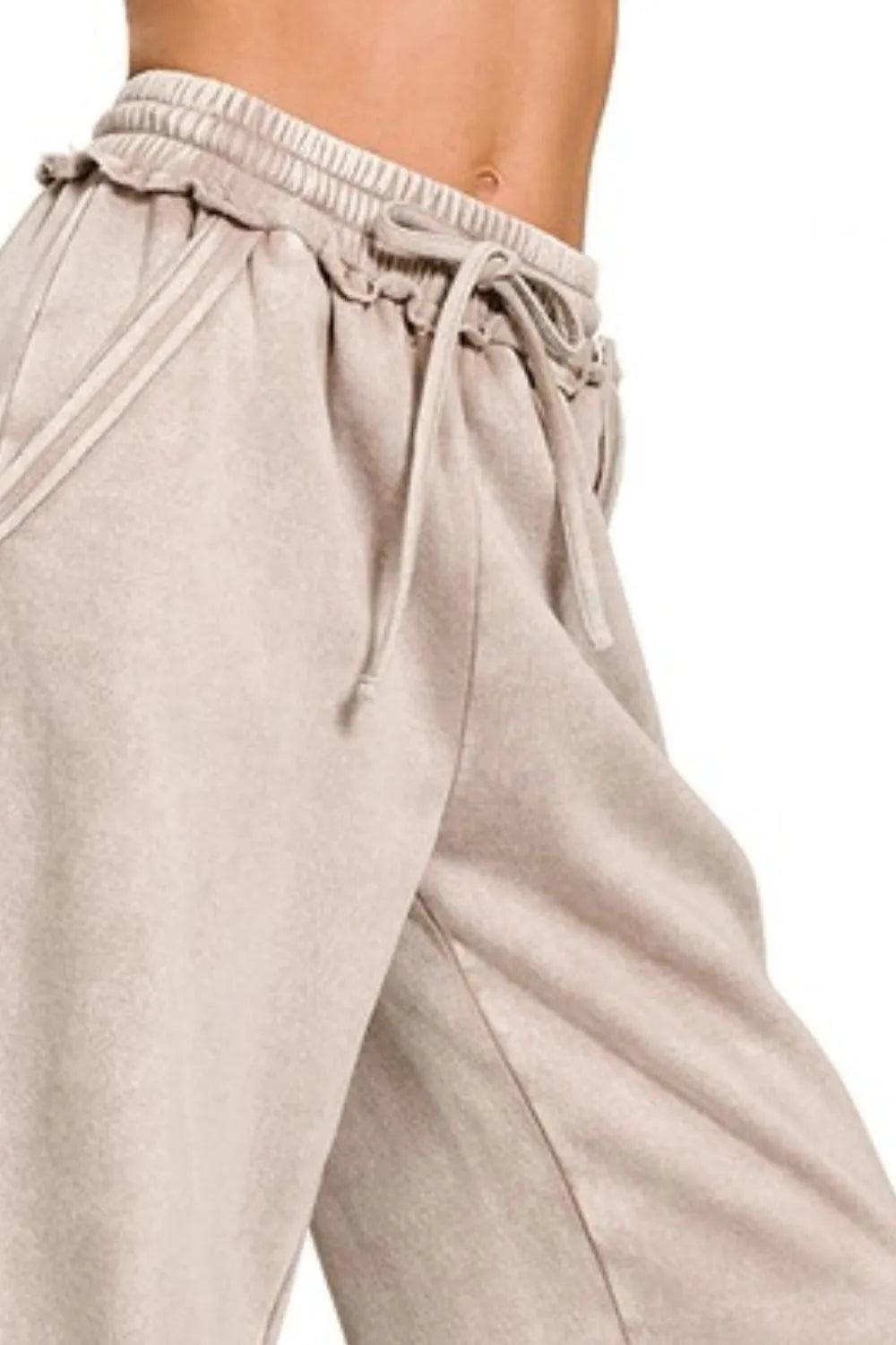 Zenana Ash Mocha Acid Wash Fleece Palazzo Sweatpants with Pockets