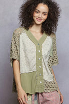 POL Button Down V-Neck Jacket with Printed Woven Patchwork