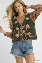 Umgee Mix Patterned Sherpa Tie-Front Vest – Olive Mix OLIVE MIX