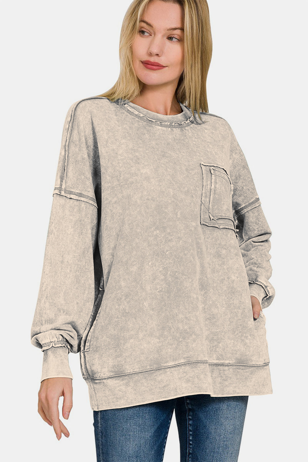 Zenana Sleet Acid Washed French Terry Exposed Seam Dropped Shoulder Sweatshirt Trendsi