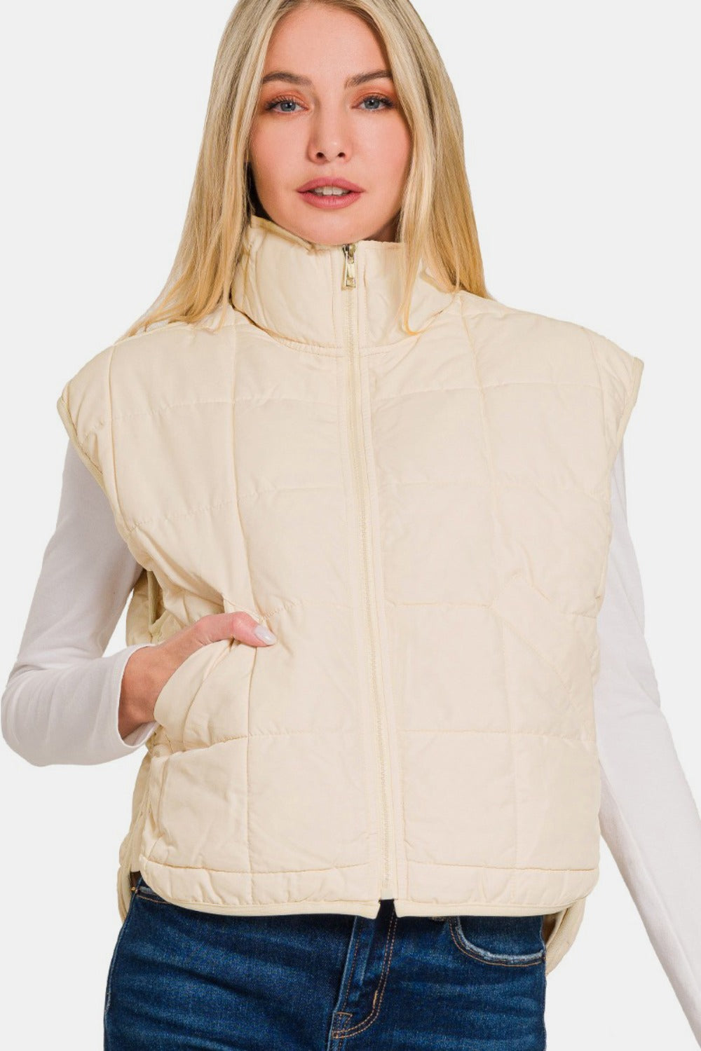 Zenana Cream Zip Up Cropped Puffer Vest with Pockets Trendsi