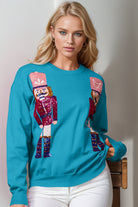 Preorder Double Take Full Size Nutcracker Sequin Long Sleeve Sweater Cerulean Shirts & Tops