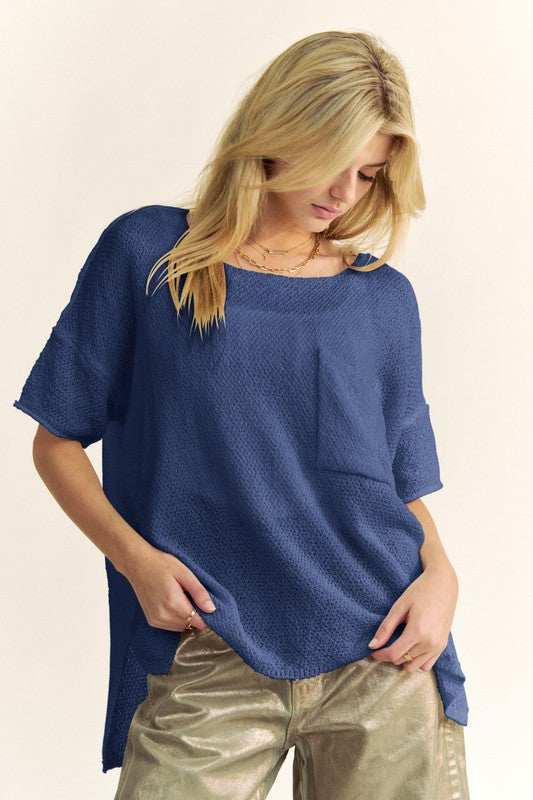 Davi & Dani Dark Blue High-Low Round Neck Knit Top Dark Blue