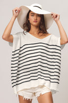 BiBi V Neck Striped Short Sleeve Top Black Trendsi