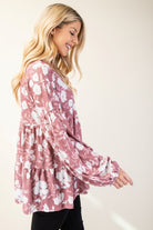 Celeste Mauve Tiered Floral V-Neck Long Sleeve Blouse