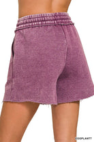 Zenana Eggplant Acid Wash Fleece Drawstring Shorts With Pockets