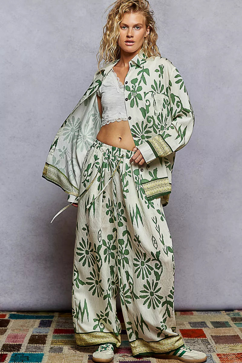 POL Ivory & Green Floral Printed Woven Wide Leg Drawstring Pants