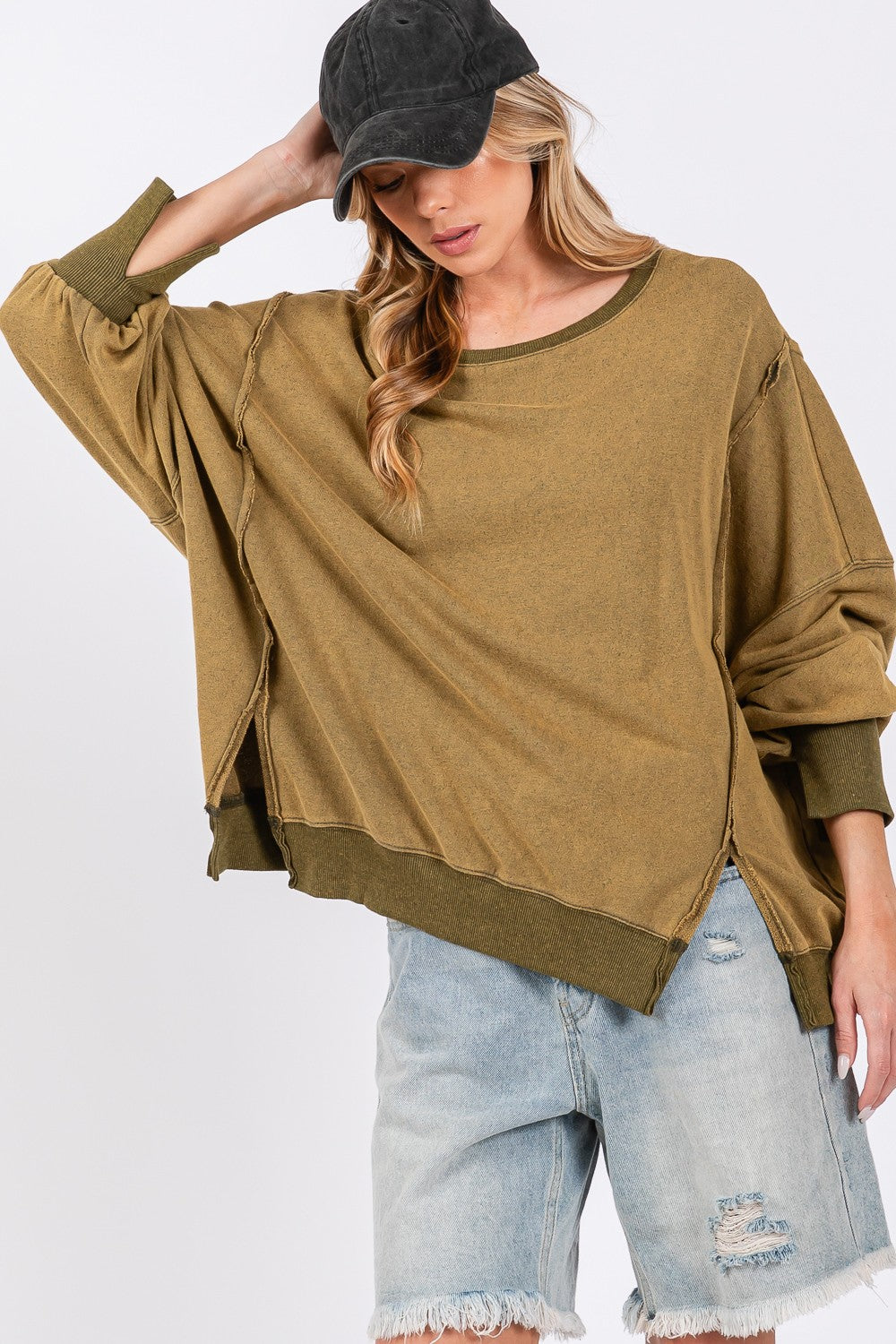 SAGE + FIG Olive Mineral Washed Side Slit Oversized Sweatshirt Trendsi