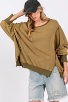 SAGE + FIG Olive Mineral Washed Side Slit Oversized Sweatshirt Shirts & Tops