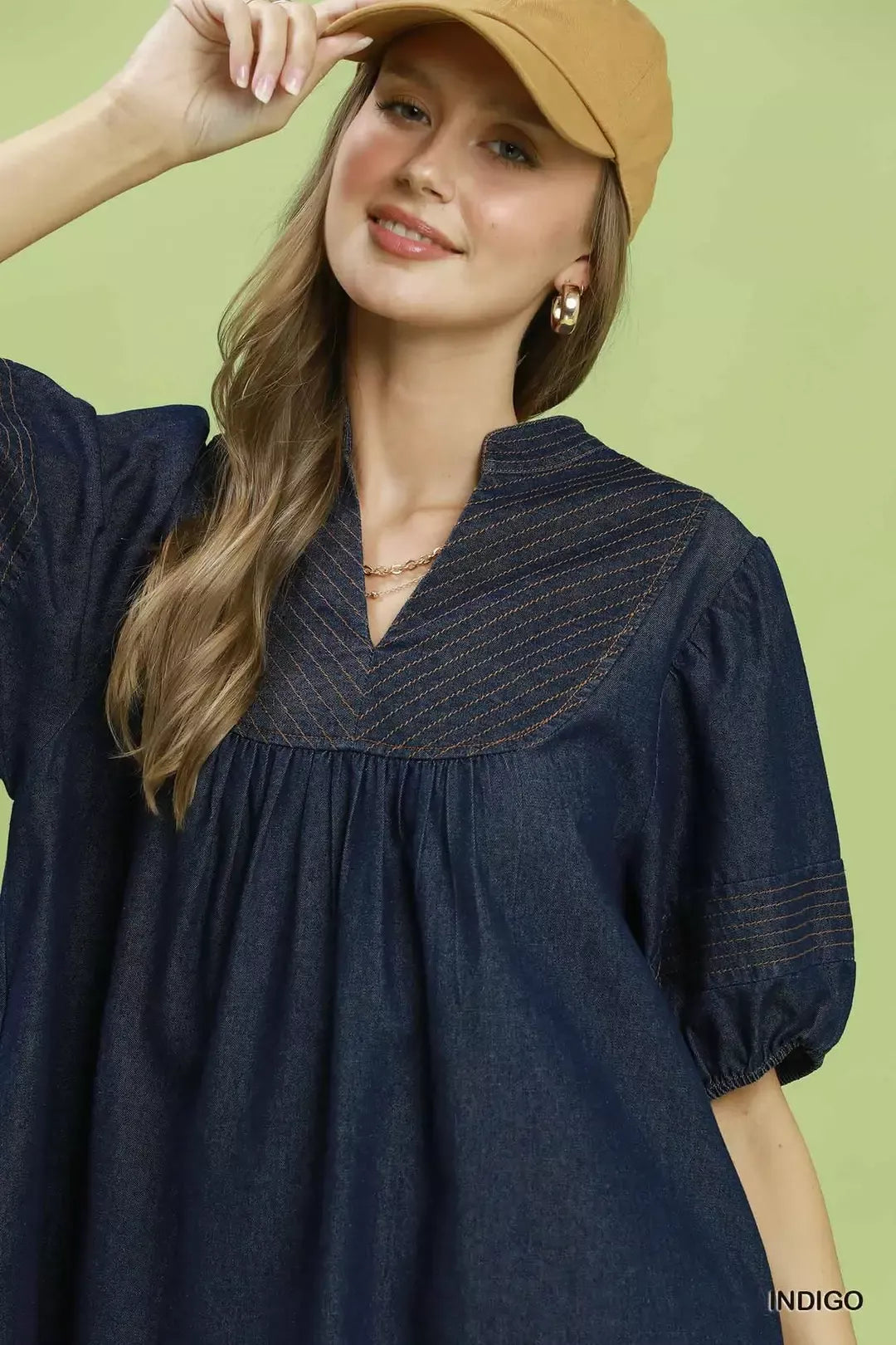 Umgee Indigo Notched Puff Sleeve Mini Dress with Pockets