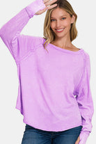 Zenana Lavender Washed Round Neck Thumbhole Long Sleeve Top Lavender Shirts & Tops