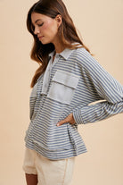 Annie Wear Gray Combo Striped Button Detail Long Sleeve Polo Top