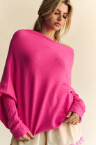 Davi & Dani Hot Pink Mafulus Crewneck Batwing Sleeve Sweater Trendsi