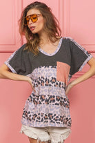 BiBi Charcoal Leopard Stripe with Slub Terry Color Block T-Shirt