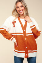 Haptics V Neck Button Down Letter T Patch Cardigan Burnt Orange Trendsi