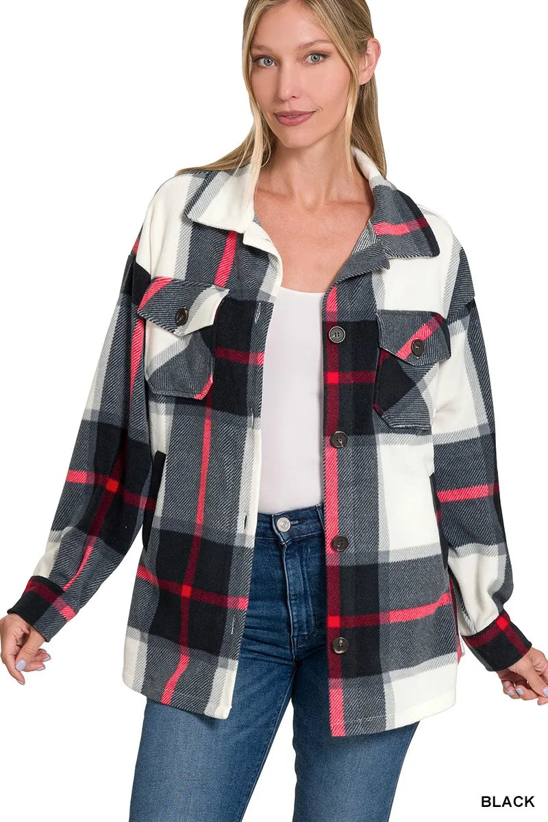Zenana Black Oversized Plaid Fleece Shacket