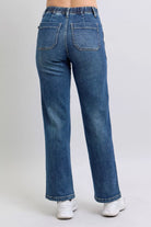 Judy Medium Washed Blue Drawstring Straight Jeans with Pockets