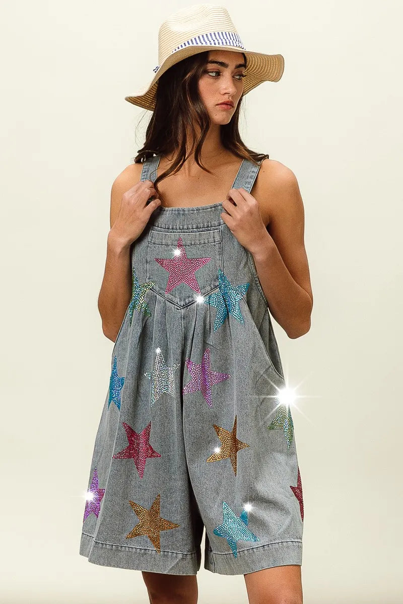 BiBi Star Rhinestone Washed Wide Leg Shortalls