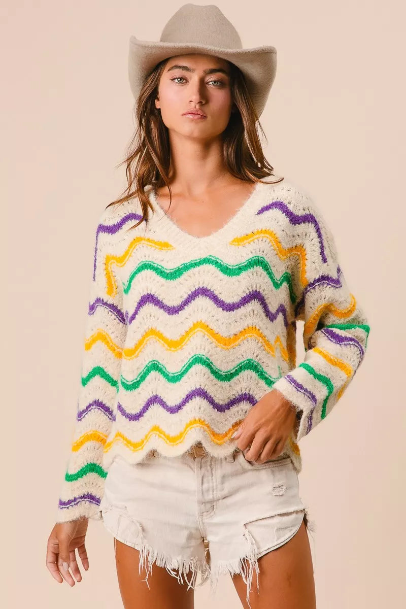 BiBi Mardi Gras Wavy Stripes V-Neck Sweater