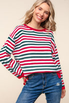 Haptics Red & Hunter Green Striped Contrast Side Slit Knit Top Trendsi