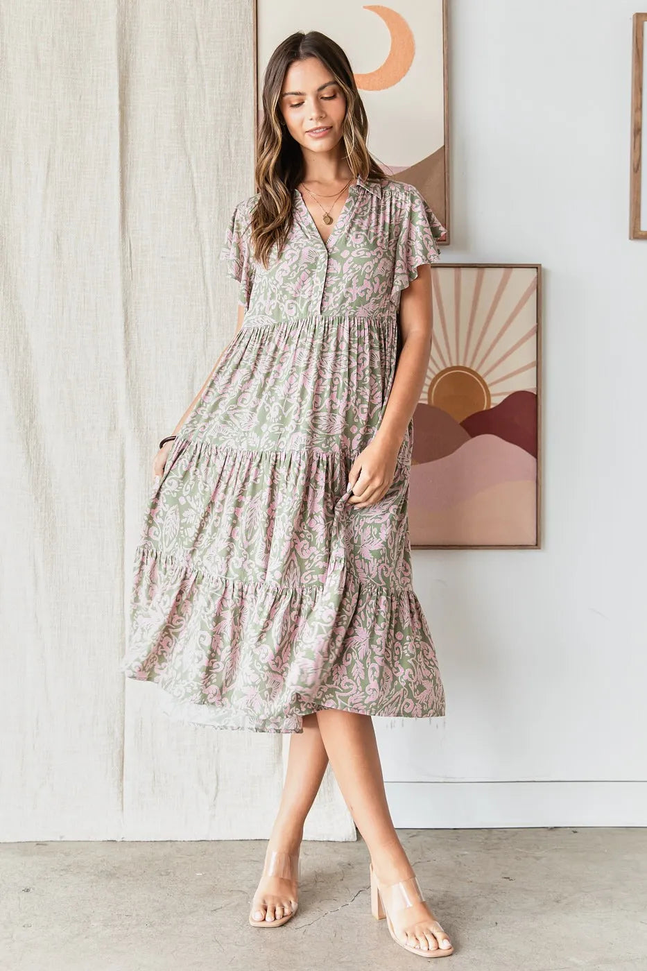 Mittoshop Abstract Print Ruffle Tier Midi Dress in Sage SAGE