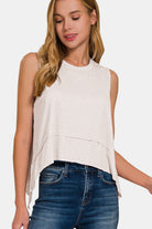 Zenana Ivory Slit High-Low Round Neck Tank Trendsi