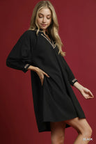 Umgee Black V-Neck Shift Dress with Sheer Leopard Trim