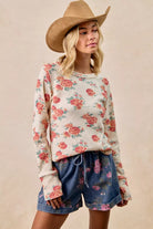 BiBi Oatmeal Floral Print Washed Waffle Thermal Top With Thumb