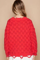 POL Candy Apple Red Weaving Cable Knit Distressed Long Sleeve Sweater Trendsi