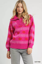 Umgee Hot Pink Floral Patterned Jacquard Quarter-Zip Pullover Sweater HOT PINK