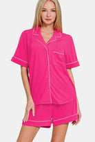 Zenana Hot Pink Button Down Short Sleeve Top and Shorts Lounge Set Hot Pink Loungewear