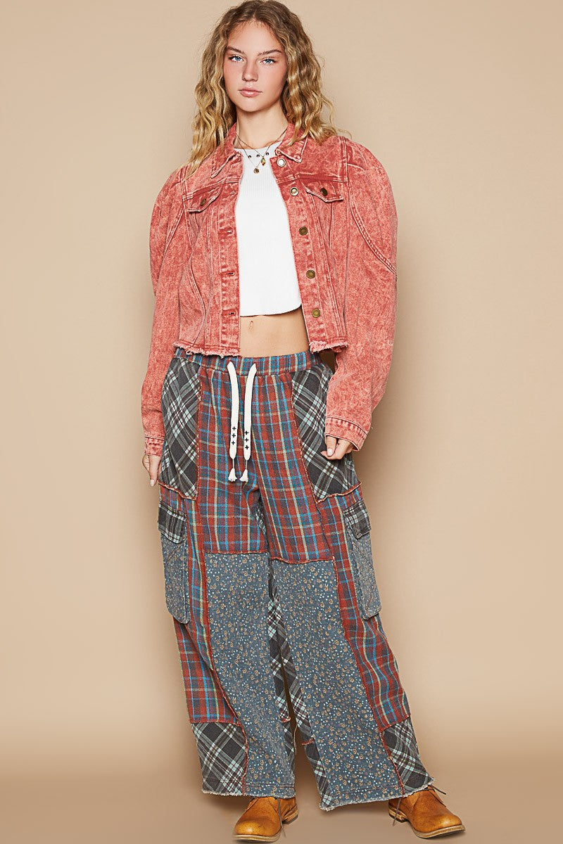 POL Brick Red Washed Raw Hem Button Up Cropped Denim Jacket Trendsi