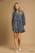 Umgee Blue Boho Mix Paisley Babydoll Dress