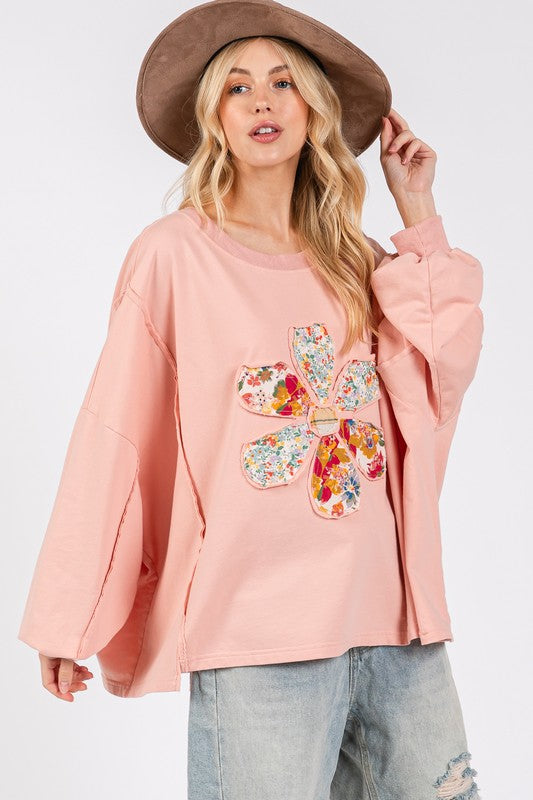 SAGE + FIG Watermelon Pink Flower Patch Dropped Shoulder Oversized Top Shirts & Tops