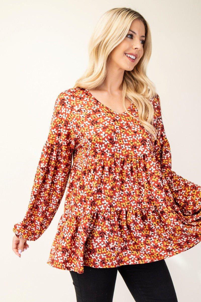 Celeste Floral V-Neck Tiered Balloon Sleeve Blouse in Rust Rust Shirts & Tops