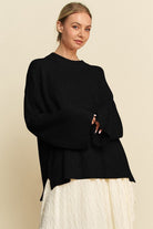 Davi & Dani Black High-Low Round Neck Drop Shoulder Sweater Black