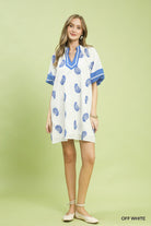 Umgee Off White & Blue Paisley Embroidered Boho Mini Dress