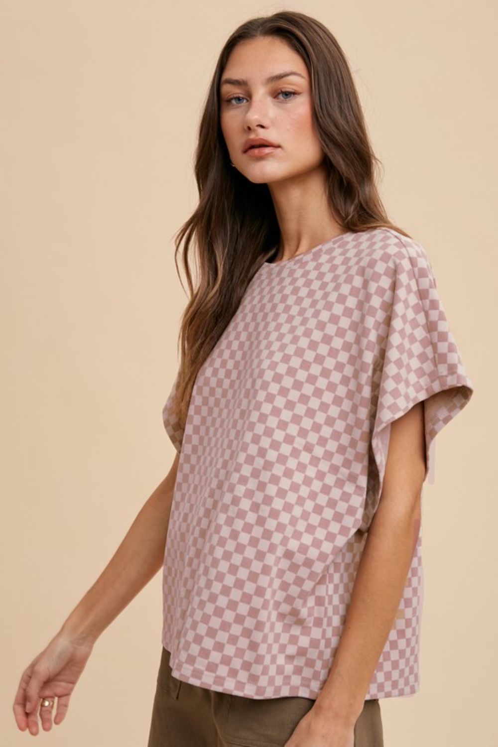 Annie Wear Dusty Pink Checkered Round Neck Short Sleeve T-Shirt Dusty Pink